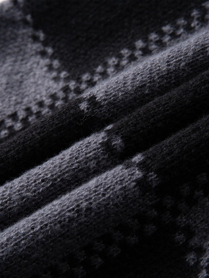 Retro Trendy Plaid Jacquard Pattern Pullover Sweater Casual Round Neck Color-Block Knit Men's Pullover