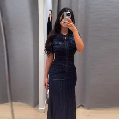 Summer Luxury Navy Blue Tweed Knit Maxi Dress Women Elegant Short Sleeve Button Front Pocket Mermaid Hem Formal Party Outfit New