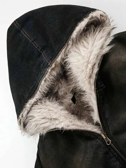 PFNW Menswear Thickened Denim Quilted Padded Jackets Autumn Winter Trend 2024 New Oversized Fur Collar Hooded Cotton-padded Coat