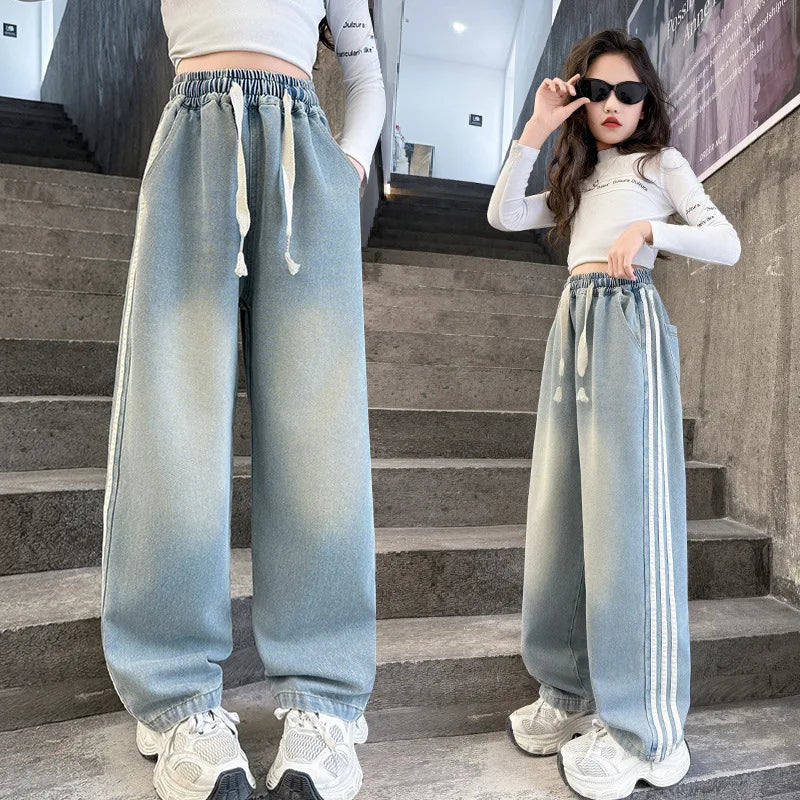 Girls' striped Jeans Spring Children's Fashionable wide leg pants Korean version Autumn medium and large Kids versatile Pants