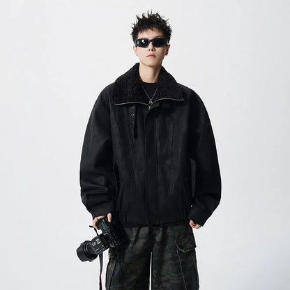 WTHT Fashion Men‘s Plush Spliced Thicken Design Loose Coats Trendy 2025 Autumn Solid Color Laple Casual Jackets Male 2A2218