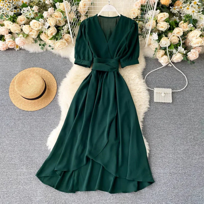 Women's Dress Spring New Temperament V-neck Solid Color Bubble Short-sleeved Irregular Ruffle Edge Lacing Dress Leisure Vestidos