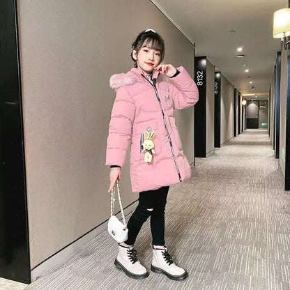 5-14 Years Old Winter Boys Girls Jacket Long Style Hooded Fur Collar Colorful Heavy Coat For Kids Children Outerwear