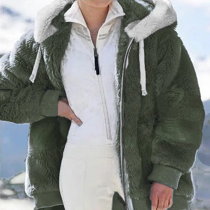 New Autumn/Winter Loose Plush Zipper Hooded Coat for Women