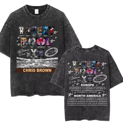 Vintage Washed Chris Brown Graphic T-shirt Breezy Bowl XX Tour 2025 Merch T Shirts Men Women Hip Hop Fashion Oversized T-shirts