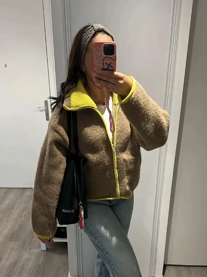 Patchwork Knit Women's Cardigan Coat Lapel Zipper Pockets Full Sleeve Sweater For Woman Autumn Winter Lady Jacket Outerwear