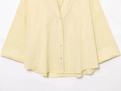 HH 2025 Casual Women Soild Linen Loose Shirt Summer Female Lapel Collar Long Sleeve Oversized Office Wear Lady Blouse