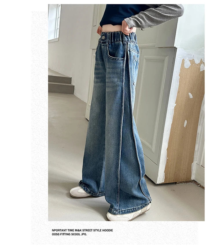 New Autumn Tween Girl Dark Blue Jeans Foldable Wide Leg Denim Pants Kids Child Spring High Waist Jeans Trousers Age 4 To 14 Y