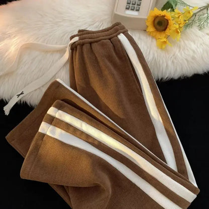 Thickened Fleece Corduroy Pants High Waist Loose Straight Leg Striped High School Students Autumn Winter Fashion Brand Teenag...