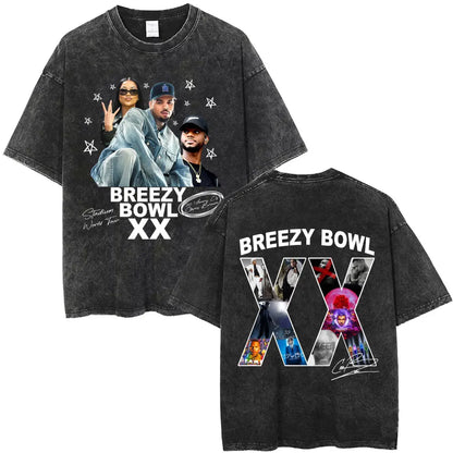 Vintage Washed Chris Brown Graphic T-shirt Breezy Bowl XX Tour 2025 Merch T Shirts Men Women Hip Hop Fashion Oversized T-shirts