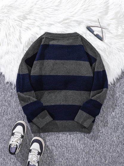 New Loose Bottoming Sweater Casual Versatile Striped Pullover Men's Round Neck Sweater