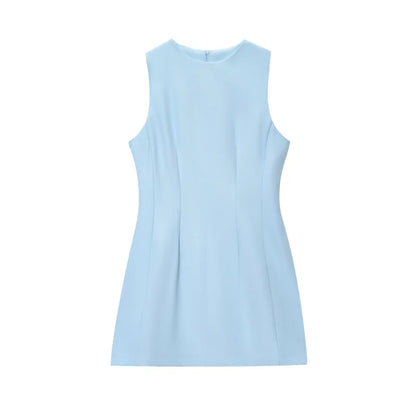 ETJ2025 summer new  women's ZW series elegant simple classic puffy round neck sleeveless waist short dress