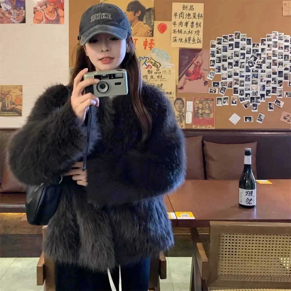 Winter Jacket New Furry Coat Womens Clothing Slim Fur One lmitation Fox Fur Jacket V-neck High Grade Loose Casual Top Womens