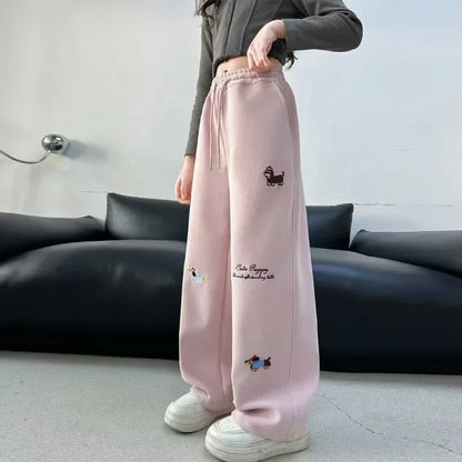 RAISE YOUNG 4-14Y Girls Sweatpant Side Striped Junior Girl Sports Pant Elastic Waist School Girl Straight Pant Dog Print Trouser