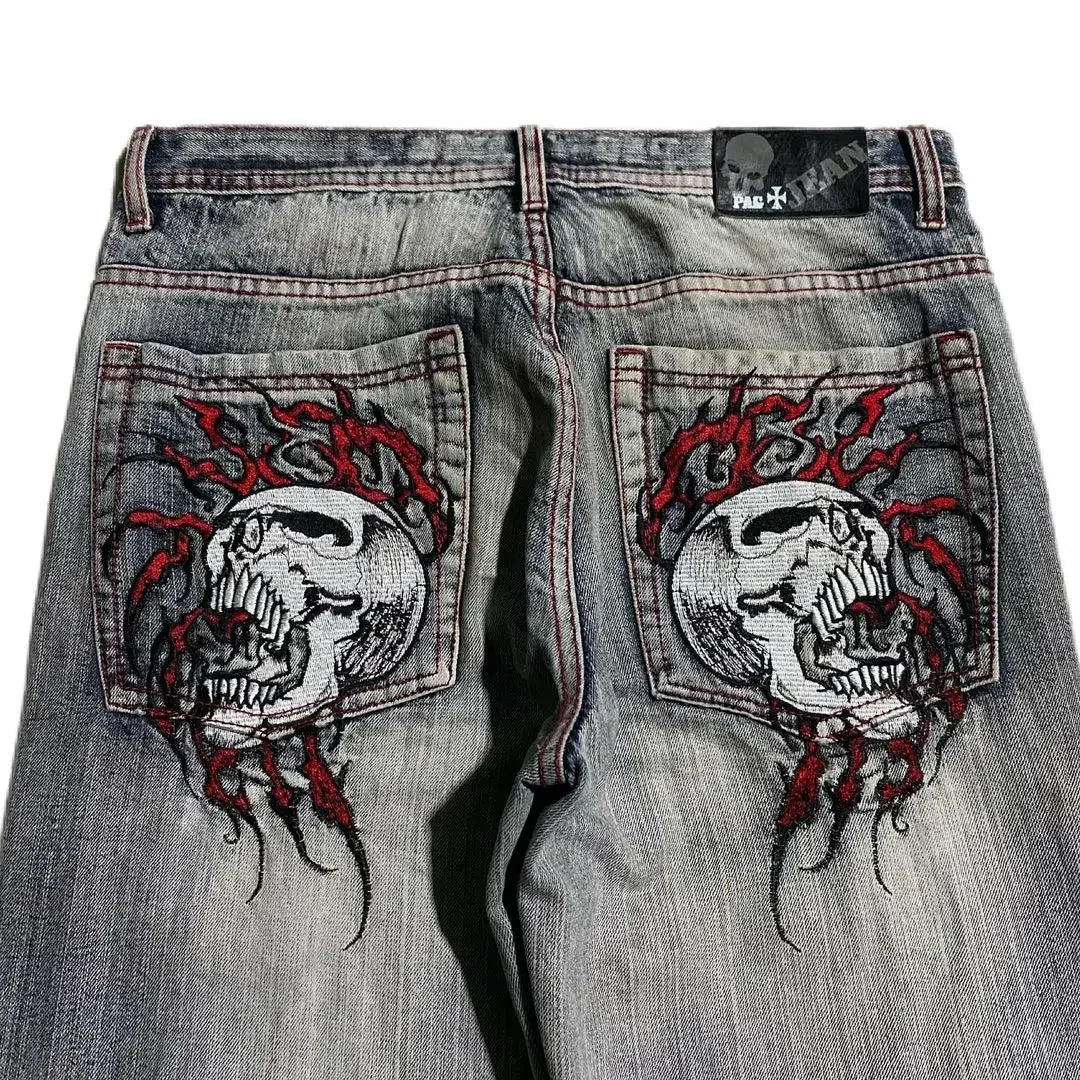 Streetwear Retro Jeans Y2k Gothic Pattern Embroidered Brown Loose Jeans Mens and Womens Fashionable Straight Leg Wide Leg Jeans
