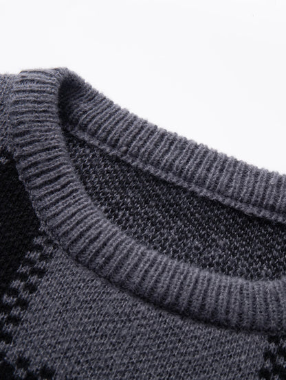 Retro Trendy Plaid Jacquard Pattern Pullover Sweater Casual Round Neck Color-Block Knit Men's Pullover