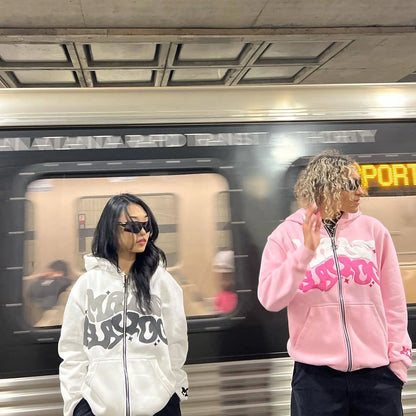 Retro Star and Letter Printed Zipper Hoodies 2025 Spring Autumn Harajuku Y2K Women and Men Fashion Hip Hop Long Sleeve Hooded