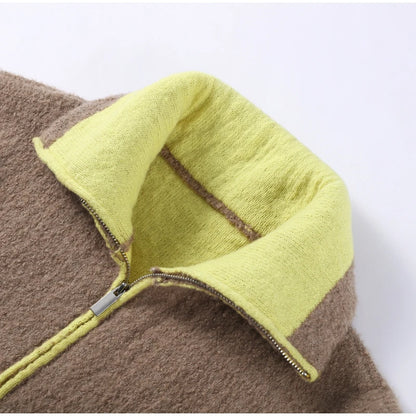 Patchwork Knit Women's Cardigan Coat Lapel Zipper Pockets Full Sleeve Sweater For Woman Autumn Winter Lady Jacket Outerwear