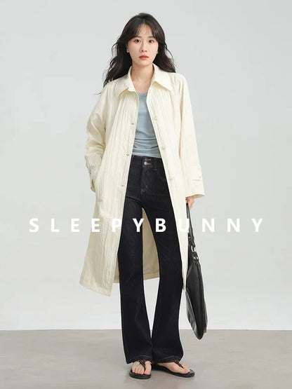 Wrinkled Double Cuff Belted Sleeve Trench Coat Women Loose Fit Lapel Collar Outerwear 2025 Casual Mid-Length Stylish Overcoat