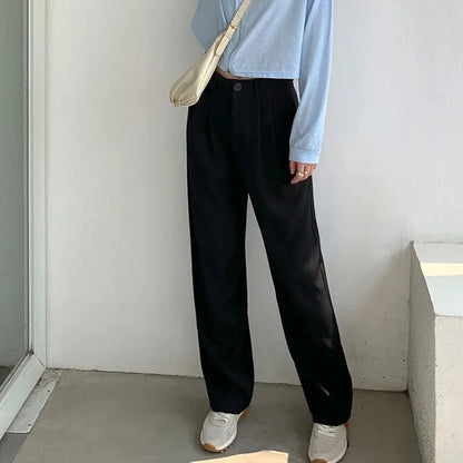 High Waist Women Suit Pants Fall Straight Office Ladies Korean Fashion Trousers Casual Button Loose Female Black Pants New 2024