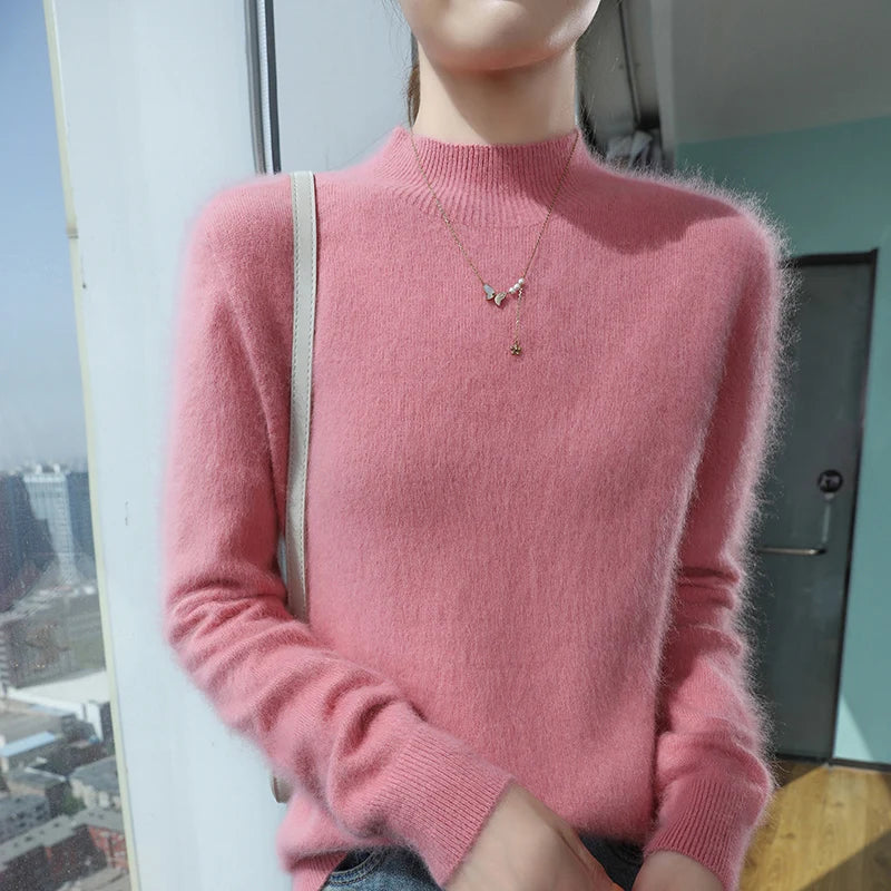 100% Pure Mink Cashmere Knitted Sweater Women's Semi-High Neck Loose Pullovers Casual Joker Warm Bottoming Shirt Autumn Blouse