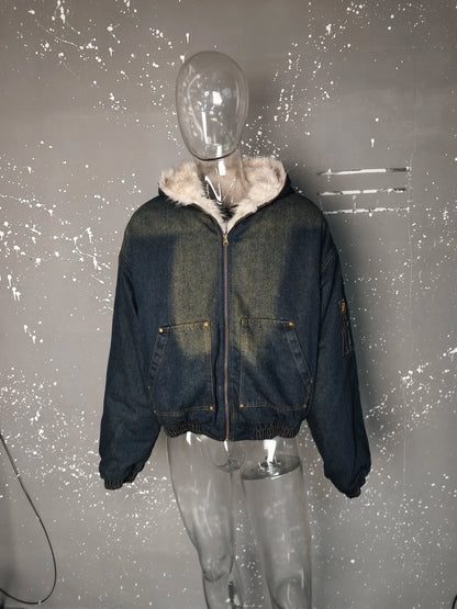 PFNW Menswear Thickened Denim Quilted Padded Jackets Autumn Winter Trend 2024 New Oversized Fur Collar Hooded Cotton-padded Coat