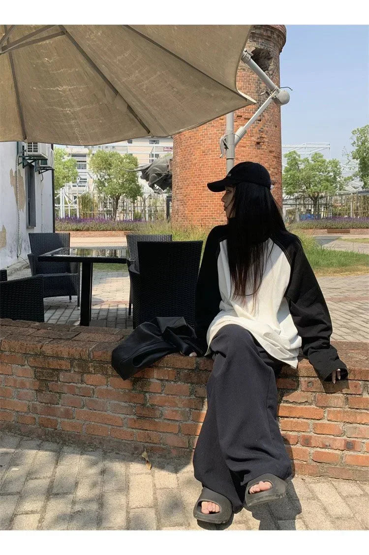 Casual Oversized T Shirt Y2k Tops Harajuku Long Sleeve O-Neck T-Shirts Spring Autumn Black White Patchwork Tees Women Streetwear