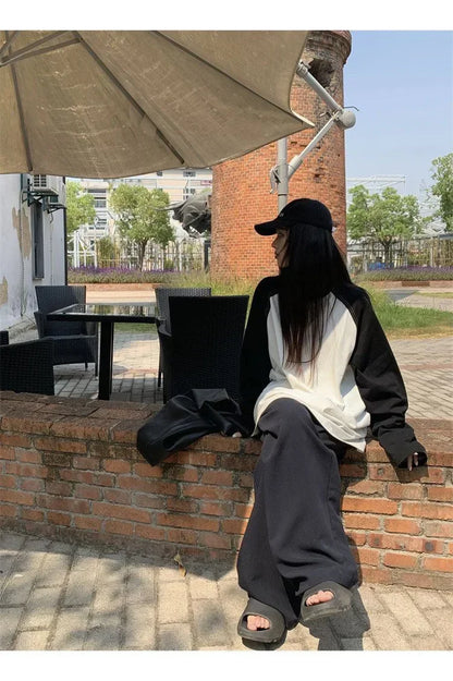 Casual Oversized T Shirt Y2k Tops Harajuku Long Sleeve O-Neck T-Shirts Spring Autumn Black White Patchwork Tees Women Streetwear