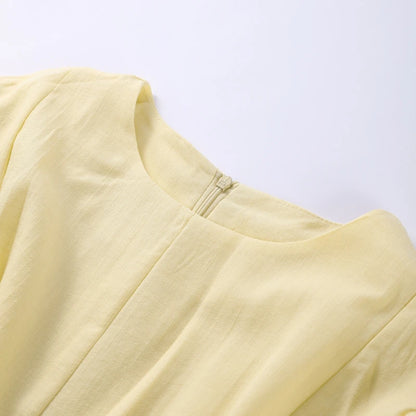 Casual Yellow Short Puff Sleeve Women Dress Loose Solid O-neck Pleated High Waist Female Maxi Dresses 2025 Summer Chic Lady Robe