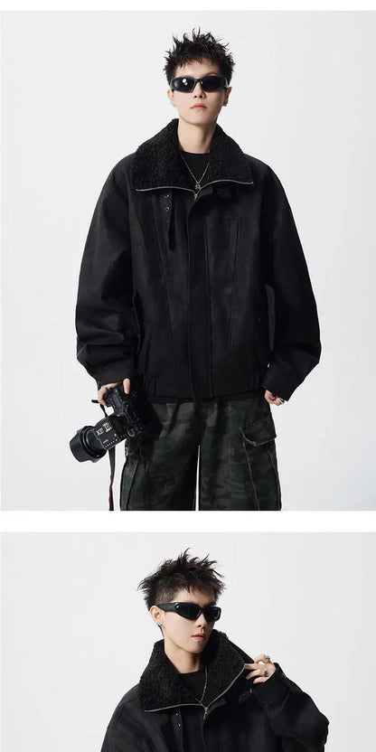 WTHT Fashion Men‘s Plush Spliced Thicken Design Loose Coats Trendy 2025 Autumn Solid Color Laple Casual Jackets Male 2A2218
