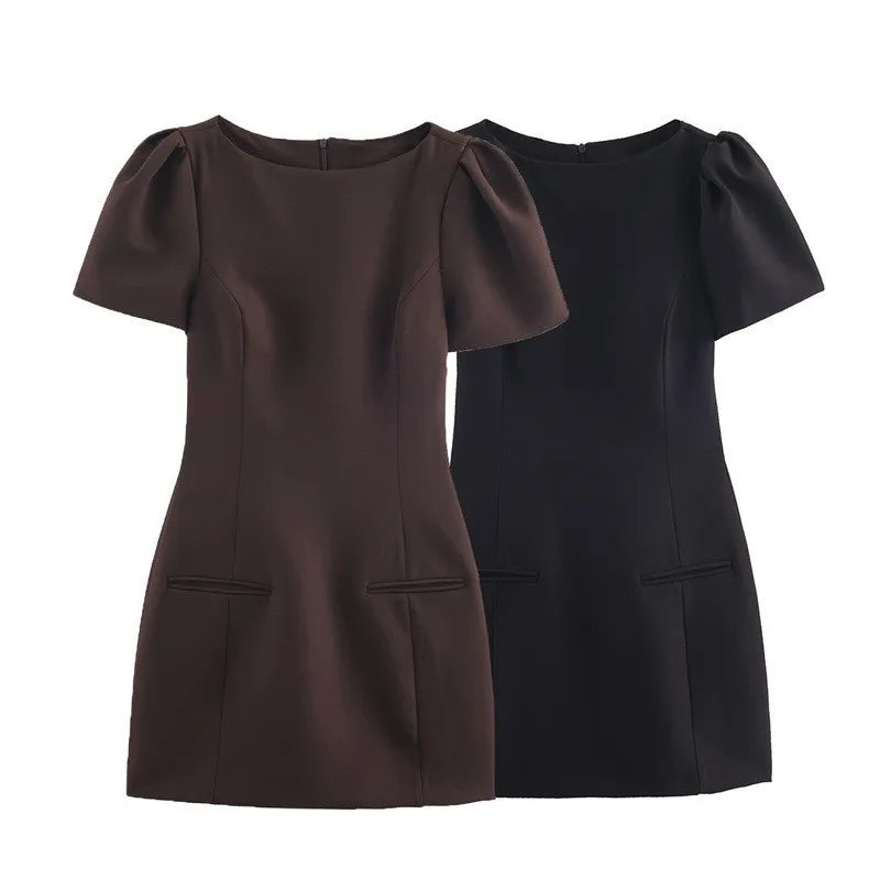 Elegant Puff Sleeve Party Dresses Women Solid Pockets A-line Slim Zipper Mini Dress Ladies Office Outfit Club Evening 2026 Fashi