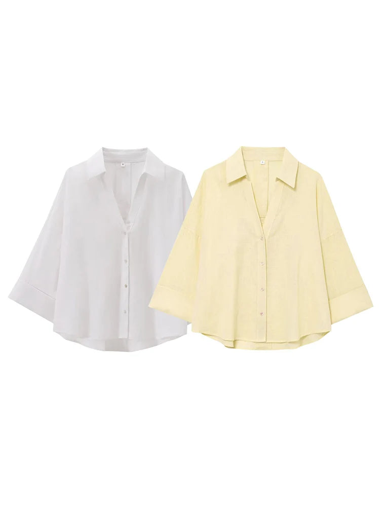 HH 2025 Casual Women Soild Linen Loose Shirt Summer Female Lapel Collar Long Sleeve Oversized Office Wear Lady Blouse