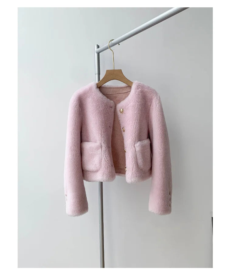 Woman Genuine Sheepskin Jackets Coat Female Winter Shearling Coats Real Lamb Fur O-neck Natural  Outewear  Overcoat G152
