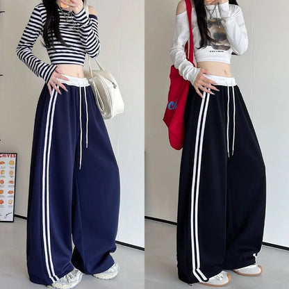 High Waist Wide Leg Pants Women's Spring Autumn New Style Loose American Knife Edge Sports Trousers Color Block Striped