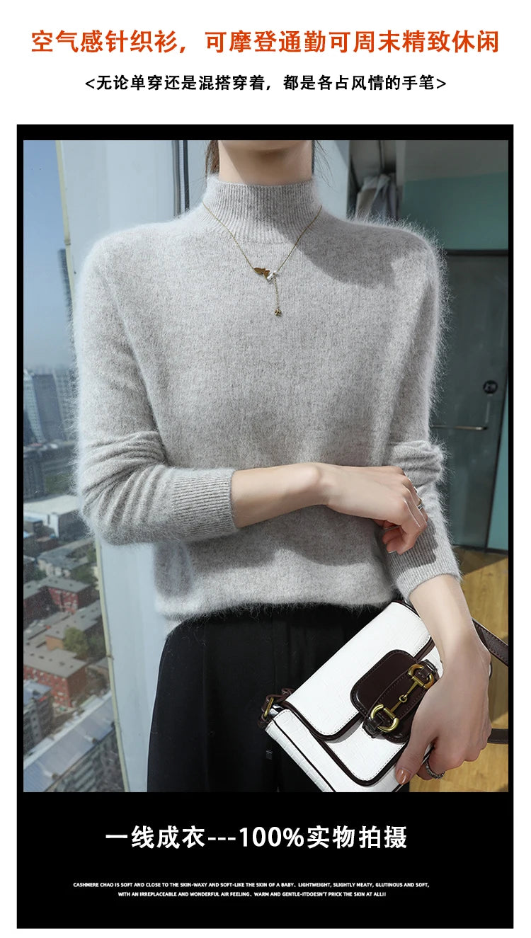 100% Pure Mink Cashmere Knitted Sweater Women's Semi-High Neck Loose Pullovers Casual Joker Warm Bottoming Shirt Autumn Blouse