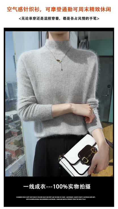 100% Pure Mink Cashmere Knitted Sweater Women's Semi-High Neck Loose Pullovers Casual Joker Warm Bottoming Shirt Autumn Blouse