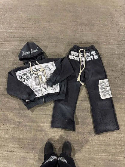 Winter fashion street printed pants, sweatpants, loose drawstring, hot brick trendy sweatshirt set for men and women