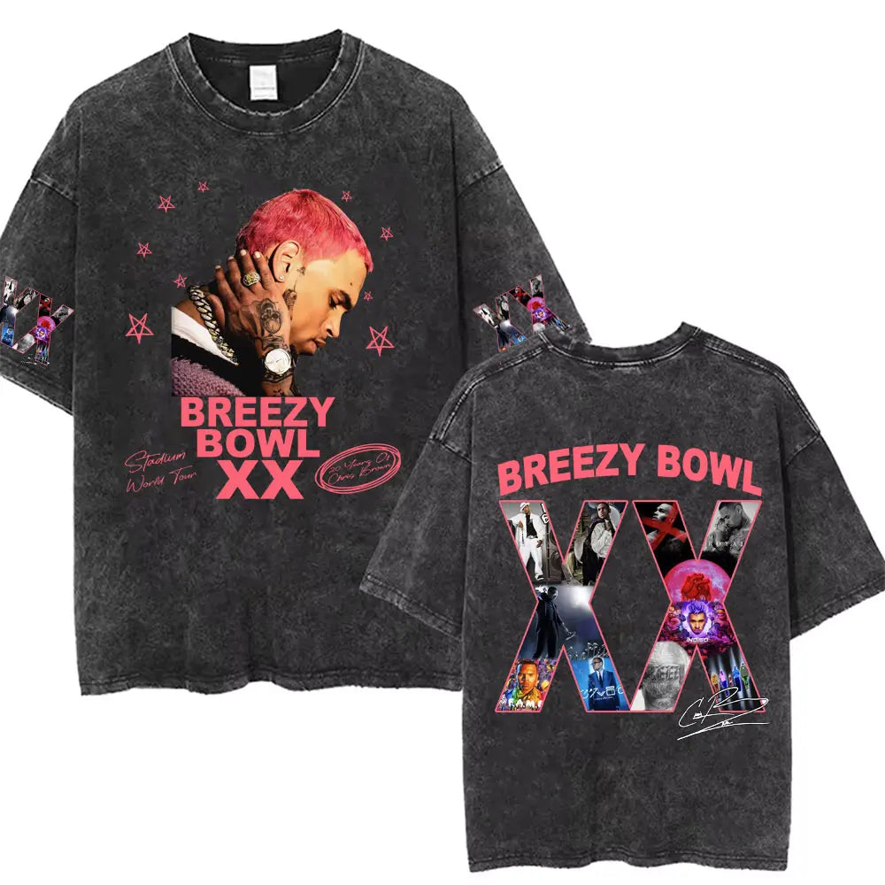 Vintage Washed Chris Brown Graphic T-shirt Breezy Bowl XX Tour 2025 Merch T Shirts Men Women Hip Hop Fashion Oversized T-shirts