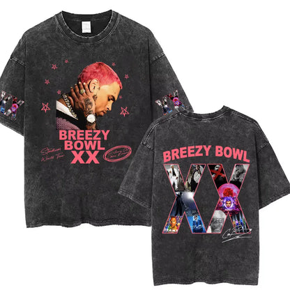 Vintage Washed Chris Brown Graphic T-shirt Breezy Bowl XX Tour 2025 Merch T Shirts Men Women Hip Hop Fashion Oversized T-shirts