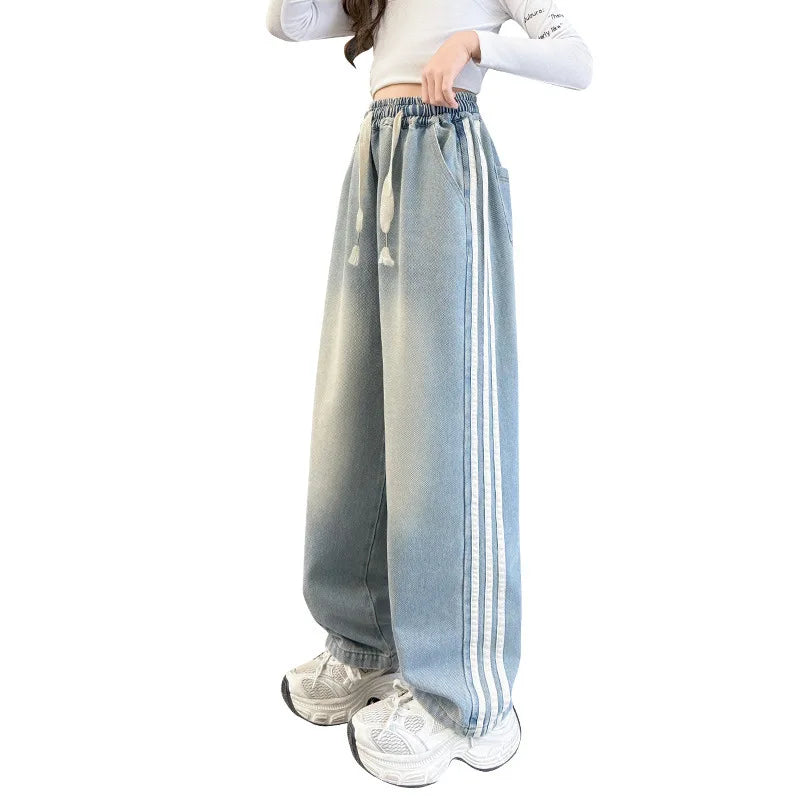 Girls' striped Jeans Spring Children's Fashionable wide leg pants Korean version Autumn medium and large Kids versatile Pants