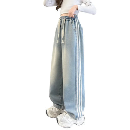 Girls' striped Jeans Spring Children's Fashionable wide leg pants Korean version Autumn medium and large Kids versatile Pants