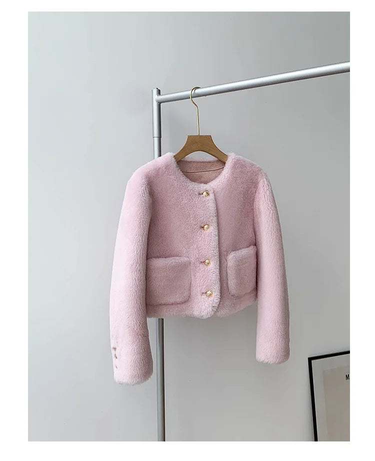 Woman Genuine Sheepskin Jackets Coat Female Winter Shearling Coats Real Lamb Fur O-neck Natural  Outewear  Overcoat G152