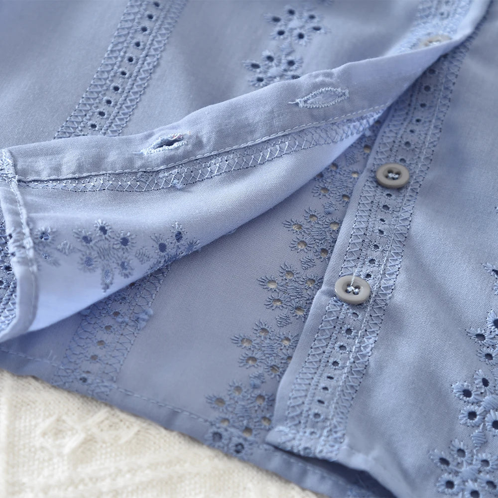 Bear Leader Blue Embroidered Flower Kids Clothes Girls Autumn Long Sleeved Lapel Single Breasted Shirt Top+Short Skirt 2Pcs Set