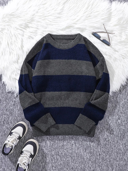 New Loose Bottoming Sweater Casual Versatile Striped Pullover Men's Round Neck Sweater
