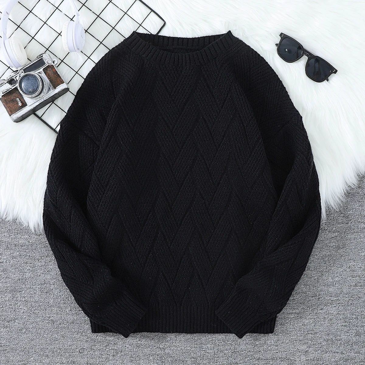New Japanese-Style Round-Neck Couple's Sweater, Plain Knit, Casual Versatile Trendy Men's Long-Sleeve Sweater Top
