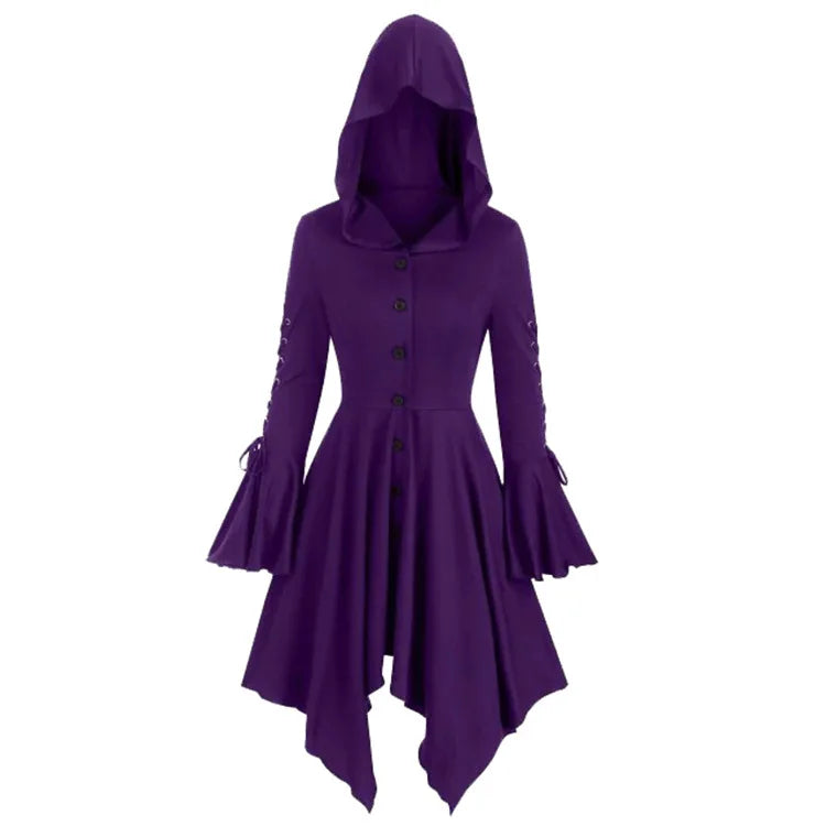 Hooded Dress for Women Lace-up Flare Sleeve Button-up Dress with Hood Black Dark Goth Witches Halloween Party Wear