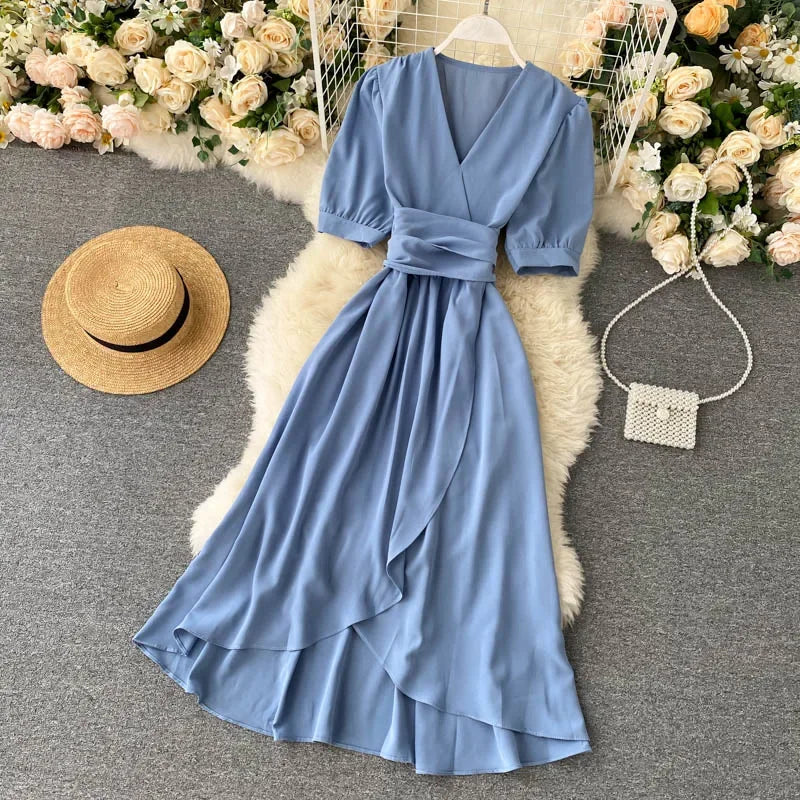 Women's Dress Spring New Temperament V-neck Solid Color Bubble Short-sleeved Irregular Ruffle Edge Lacing Dress Leisure Vestidos