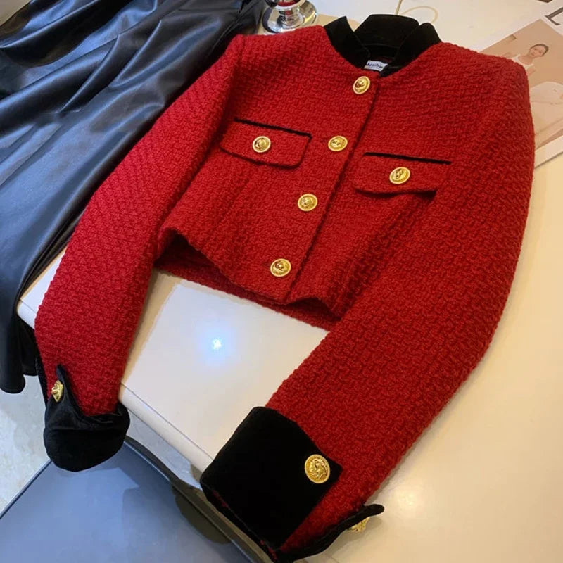 Fashion Stitching Tweed Short Jacket Women Autumn Winter Elegant Office Lady Coat Y2K Korean O Neck Single Breasted Crop Outwear