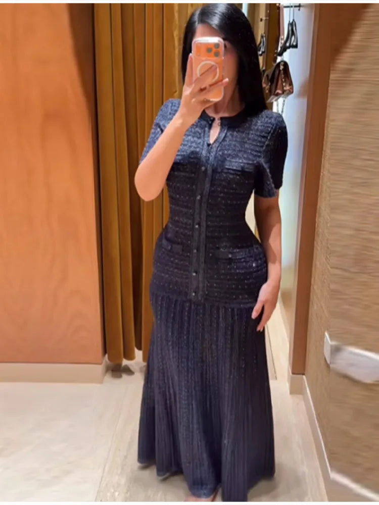 Summer Luxury Navy Blue Tweed Knit Maxi Dress Women Elegant Short Sleeve Button Front Pocket Mermaid Hem Formal Party Outfit New