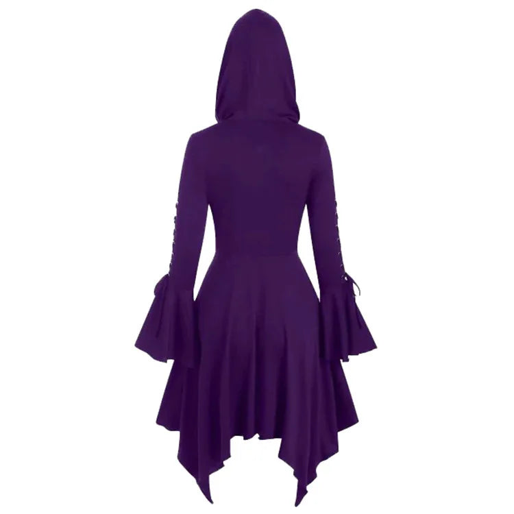 Hooded Dress for Women Lace-up Flare Sleeve Button-up Dress with Hood Black Dark Goth Witches Halloween Party Wear